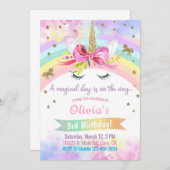 Unicorn head & flowers girl birthday invitation。i 招待状 (正面/裏面)