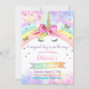 Unicorn head & flowers girl birthday invitation。i 招待状