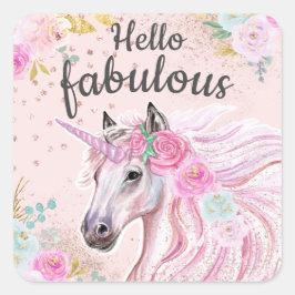 Unicorn Hello Fabulous Pink Floral Gold Glitter スクエアシール