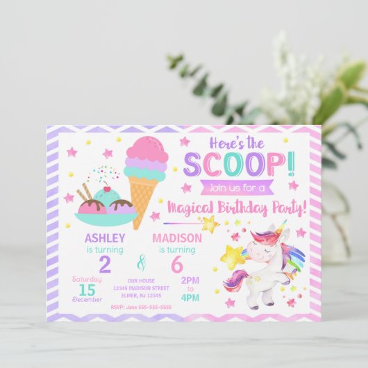 Unicorn & Ice Cream Joint Birthday | Sweet Party 招待状 (スタンド正面)