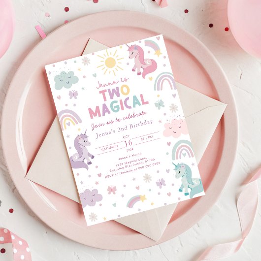 Unicorn Invitation Two Magical. Girls 2nd Birthday 招待状