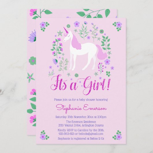 Unicorn Its A Girl Pink Baby Shower招待状 招待状 (正面/裏面)