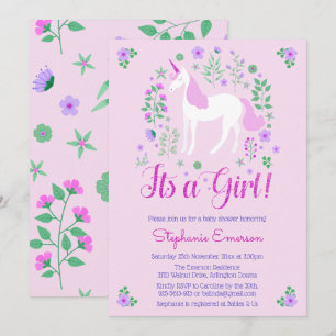 Unicorn Its A Girl Pink Baby Shower招待状 招待状