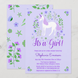 Unicorn Its A Girl Purple Baby Shower招待状 招待状