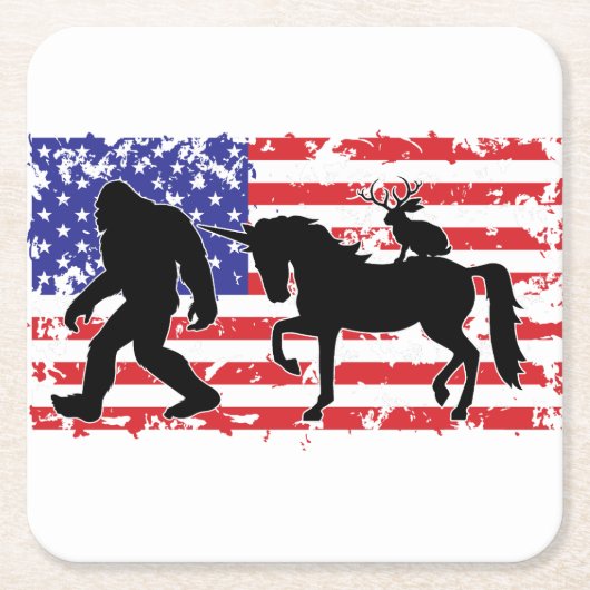 Unicorn, Jackalope, Bigfoot and the American Flag スクエアペーパーコースター (正面)