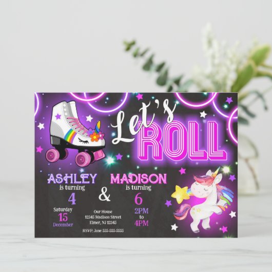Unicorn Joint Roller Skating Birthday Neon Glow 招待状 (スタンド正面)