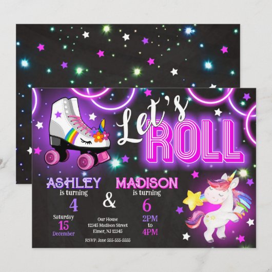 Unicorn Joint Roller Skating Birthday Neon Glow 招待状 (正面/裏面)