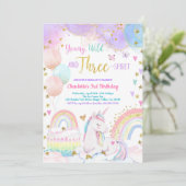 Unicorn Magical 3rd Birthday Party Pastel Rainbow 招待状 (スタンド正面)
