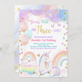 Unicorn Magical 3rd Birthday Party Pastel Rainbow 招待状 (正面/裏面)