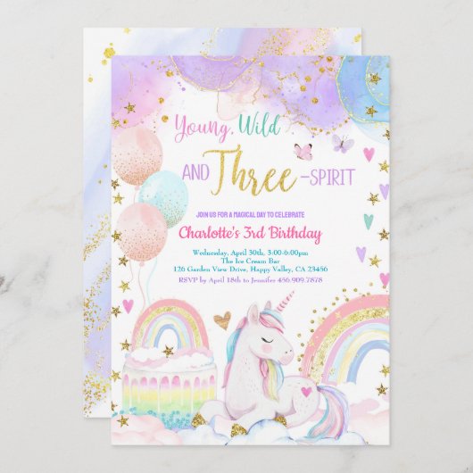 Unicorn Magical 3rd Birthday Party Pastel Rainbow 招待状 (正面/裏面)