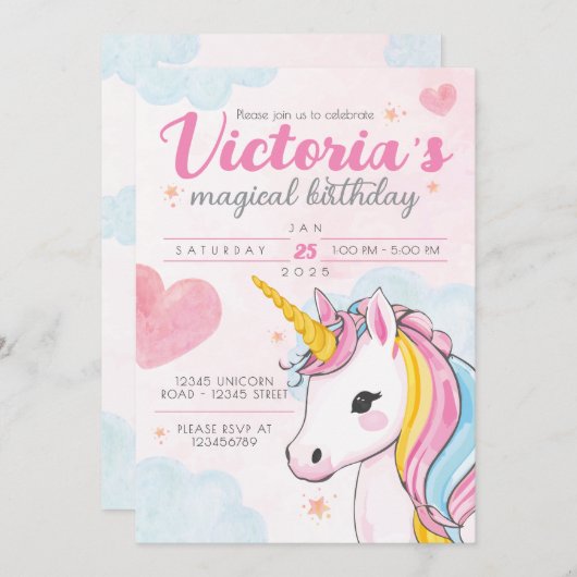 Unicorn Magical Birthday Invite 招待状 (正面/裏面)