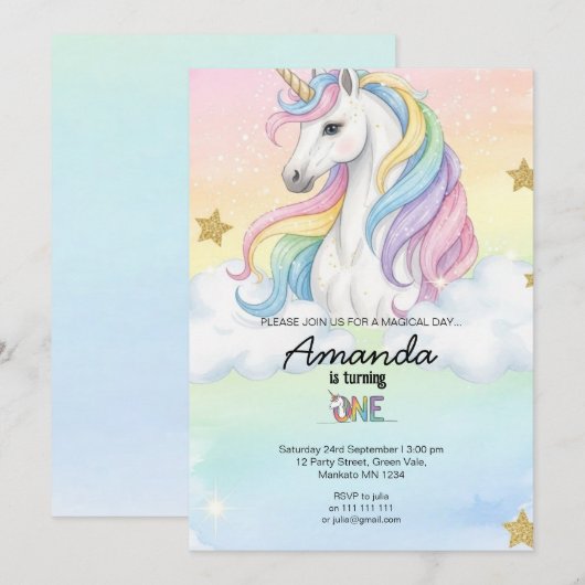Unicorn Magical Birthday Party Invitation Card 招待状 (正面/裏面)
