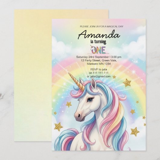 Unicorn Magical Birthday Party Invitation Card 招待状 (正面/裏面)