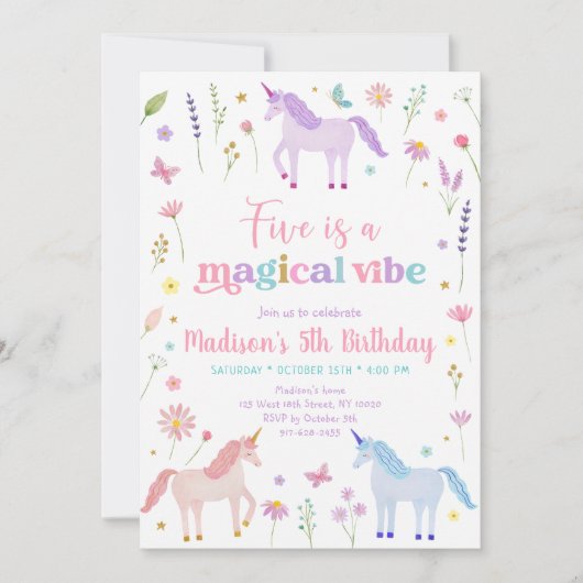 Unicorn Meadow Five is a Magical Vibe Birthday 招待状 (正面)