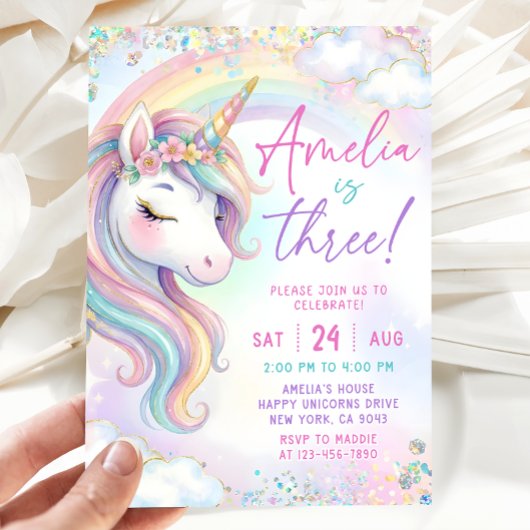 Unicorn Meadow Flower Four Ever Magical Birthday I 招待状