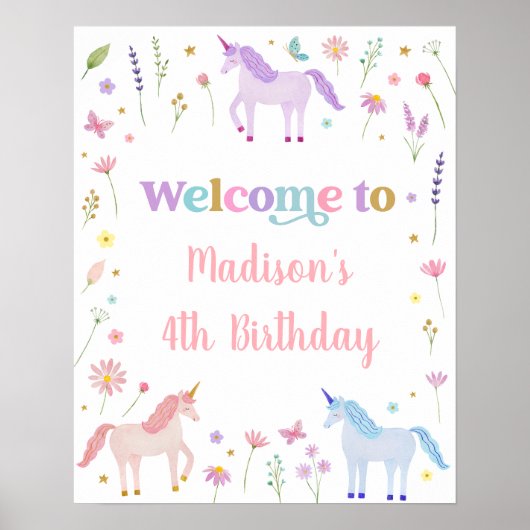 Unicorn Meadow Pastel Pink Gold Birthday ポスター (正面)