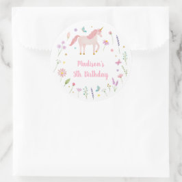 Unicorn Meadow Pastel Pink Gold Birthday ラウンドシール