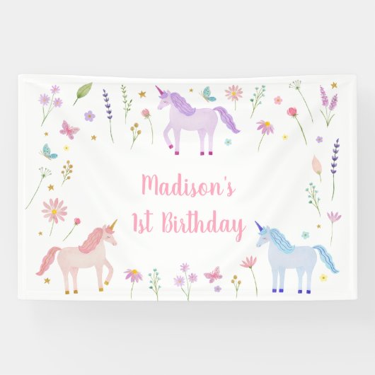 Unicorn Meadow Pastel Pink Gold Birthday 横断幕 (横)