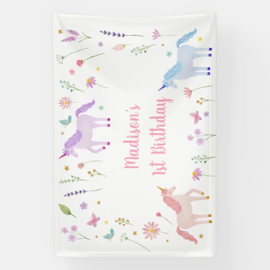 Unicorn Meadow Pastel Pink Gold Birthday 横断幕 (縦)