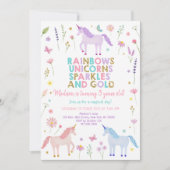 Unicorn Meadow Pastel Pink Gold Flowers Birthday 招待状 (正面)