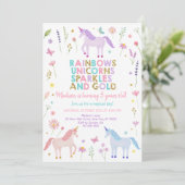 Unicorn Meadow Pastel Pink Gold Flowers Birthday 招待状 (スタンド正面)