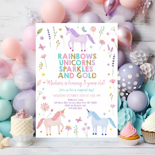 Unicorn Meadow Pastel Pink Gold Flowers Birthday 招待状
