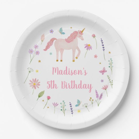 Unicorn Meadow Pastel Pink Purple Birthday ペーパープレート (正面)