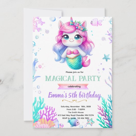 Unicorn mermaid themed invite 招待状 (正面)