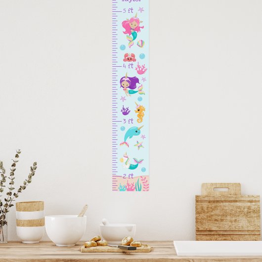 Unicorn Mermaids Growth Chart Light Skin Tone ポスター (キッチン)