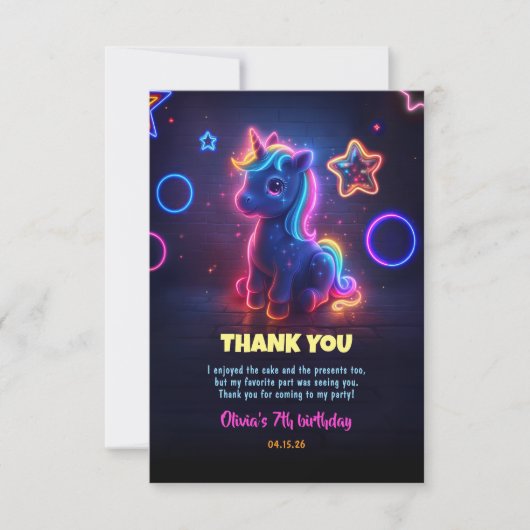 Unicorn Neon Birthday Partyありがとう サンキューカード (正面)