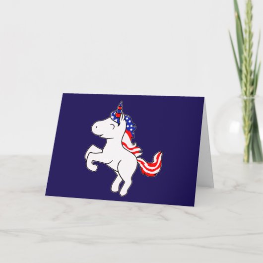 Unicorn Off White Patriotic USA Flag Mane Cartoon カード (正面)