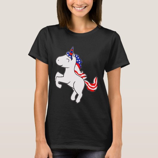 Unicorn Off White Patriotic USA Flag Mane Cartoon Tシャツ (正面)