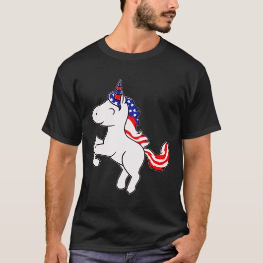 Unicorn Off White Patriotic USA Flag Mane Cartoon Tシャツ (正面)