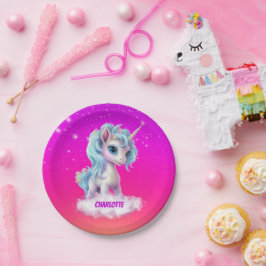 Unicorn on name cloud pink 鮮やか sky ペーパープレート