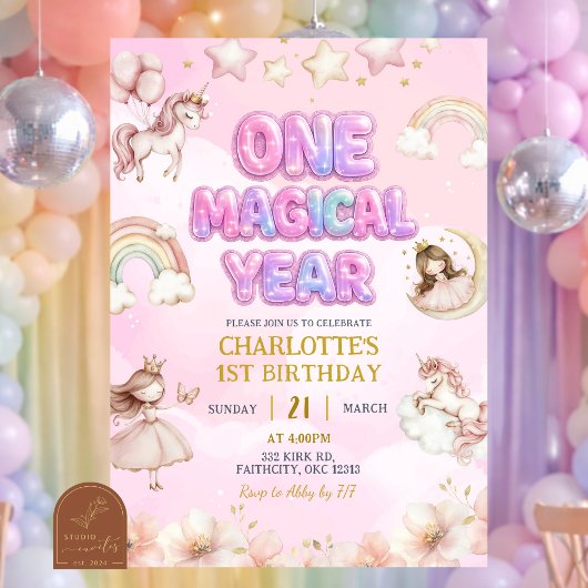 Unicorn One Magical year First Birthday 招待状