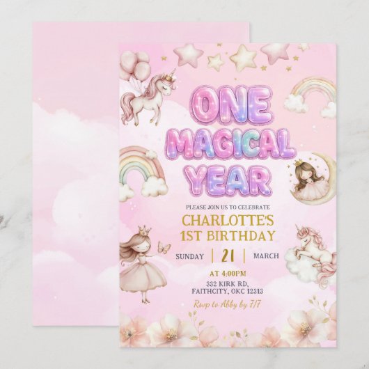 Unicorn One Magical year First Birthday 招待状 (正面/裏面)