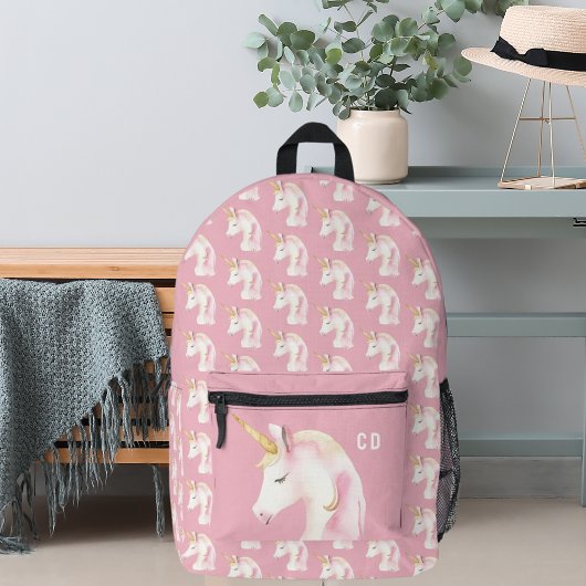 Unicorn pattern pink cute initials プリントバックパック
