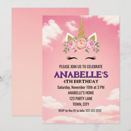 Unicorn Personalized Magical Birthday Invitation   招待状 (正面/裏面)