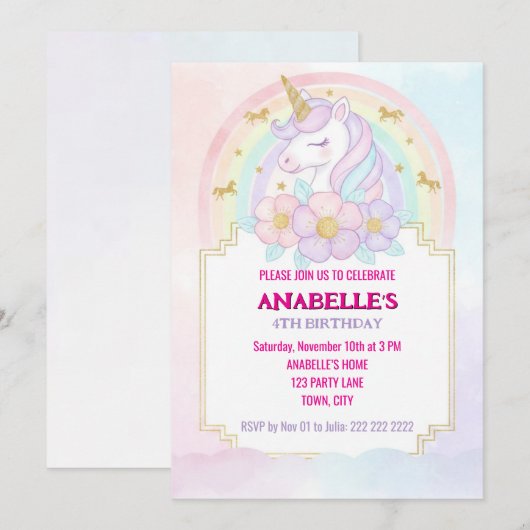 Unicorn Personalized Magical Birthday Invitation   招待状 (正面/裏面)