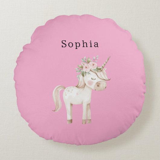 Unicorn Pink Floral ラウンドクッション (正面)