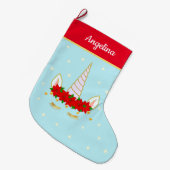 Unicorn, Poinsettia花と星オンライトブルー ラージクリスマスストッキング (正面 (吊り時))