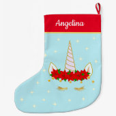 Unicorn, Poinsettia花と星オンライトブルー ラージクリスマスストッキング (裏面)