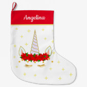 Unicorn, Poinsettia赤と白の花と星 ラージクリスマスストッキング (正面)