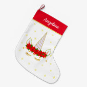 Unicorn, Poinsettia赤と白の花と星 ラージクリスマスストッキング (正面 (吊り時))