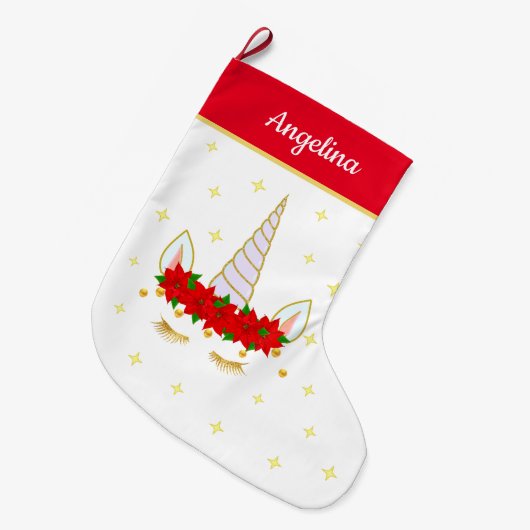 Unicorn, Poinsettia赤と白の花と星 ラージクリスマスストッキング (正面 (吊り時))