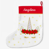 Unicorn, Poinsettia赤と白の花と星 ラージクリスマスストッキング (裏面)