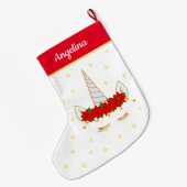 Unicorn, Poinsettia赤と白の花と星 ラージクリスマスストッキング (裏面 (吊り時))