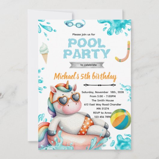 Unicorn Pool Party Birthday Invitation 招待状 (正面)