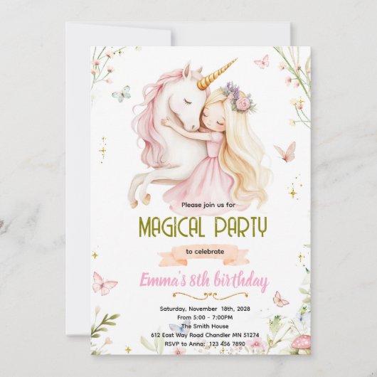 Unicorn Princess Birthday Invitation 招待状 (正面)