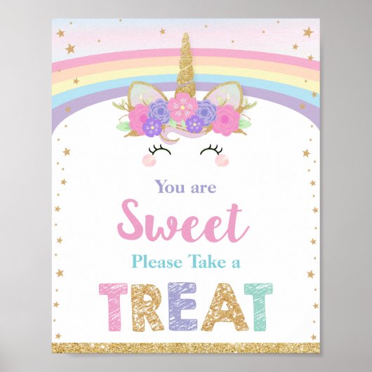 Unicorn RainbowあなたはSweet Take a Treat Sign ポスター (正面)